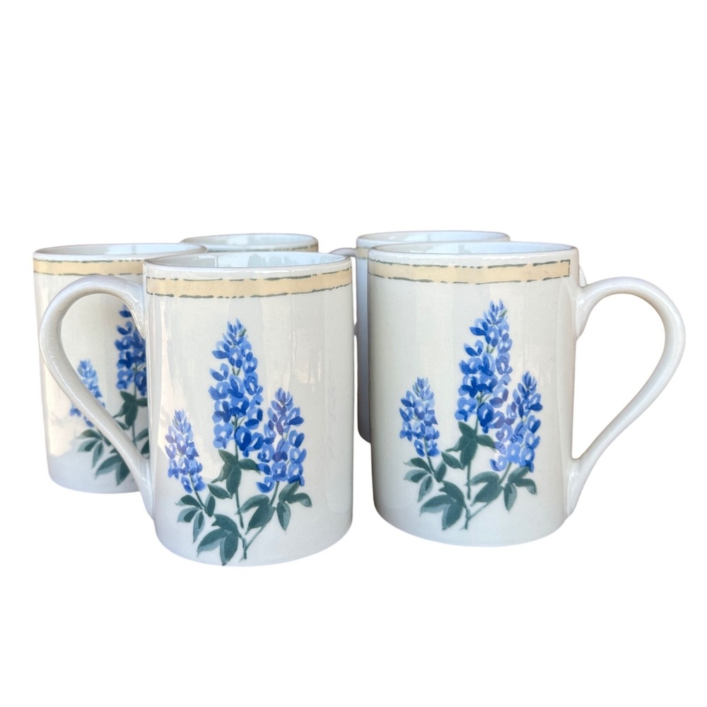 Vintage 90s Y2K Texas Bluebonnet Coffee Mugs Set of 5 White Ceramic Floral Tea